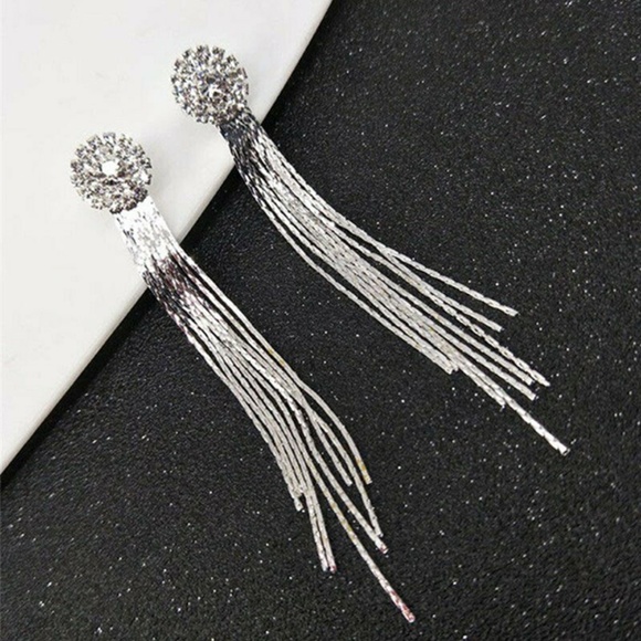 Long Silver Color Dangling Chain Tassel Crystal Earrings - Picture 2 of 7